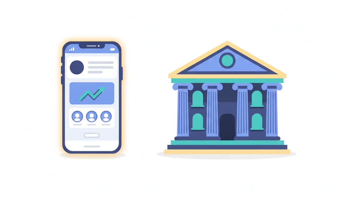 Móvil con la app de un neobanco junto a una sucursal bancaria tradicional