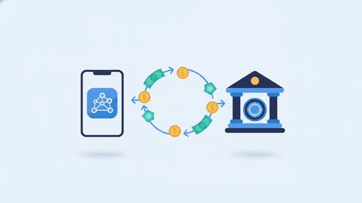 Varias aplicaciones conectadas a un banco mediante flechas, simbolizando el open banking