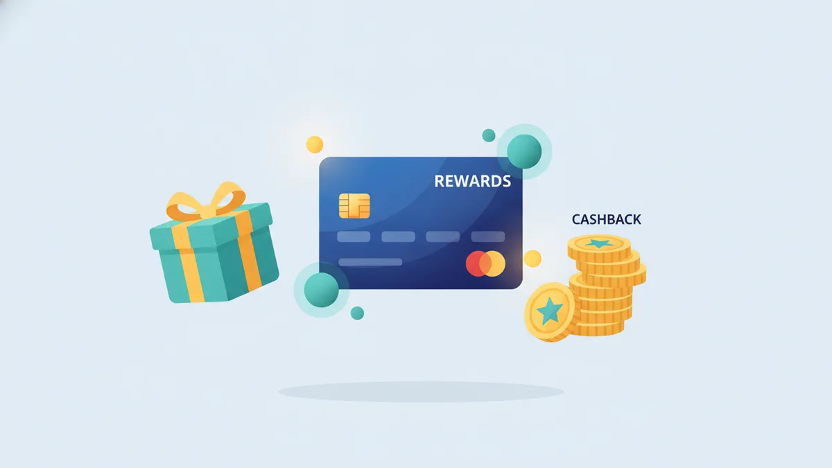 Tarjeta de crédito rodeada de iconos de regalos y puntos representando un programa de recompensas
