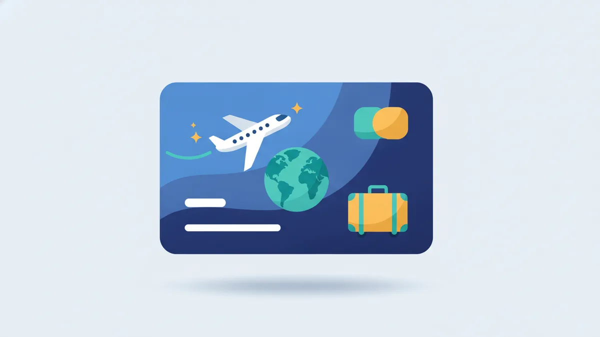 Tarjeta bancaria junto a un avión y un mapa representando los pagos en el extranjero